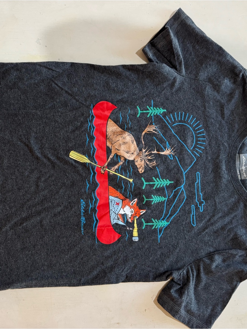 Eddie Bauer Charcoal Short-Sleeve Tee with Red Canoe and Fox/Moose Graphic
